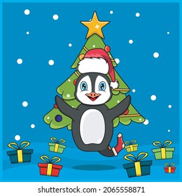 Cute Animal Christmas With Penguin Character Design, Wearing Sock And Hat Christmas. Woodland Background. Perfect For Background, Greeting Card, Label and Icon. Vector and Illustration.