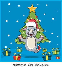 Cute Animal Christmas With Rhino Character Design, Wearing Sock And Hat Christmas. Woodland Background. Perfect For Background, Greeting Card, Label and Icon. Vector and Illustration.