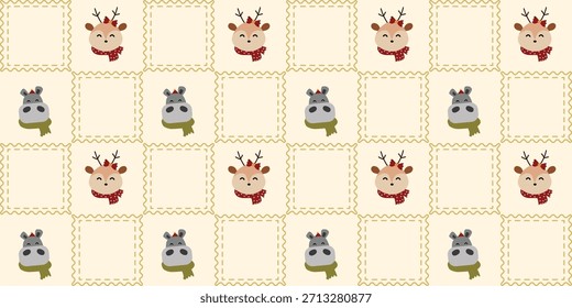 Patrón sin fisuras de Navidades de animales lindos. Coquette Patchwork edredón de Navidad de fondo para la tela, papel de embalaje, decoración y Fondo de pantalla