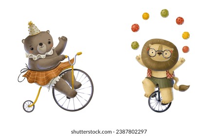 Cute animal circus show. Bear on bicycle and lion juggler on unicycle. Circus show