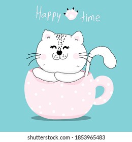 Cute animal with cofee time.cute hand draw wild animal cartoon character.Cute cat in the coffee cup .design for print and more .vector eps 10.