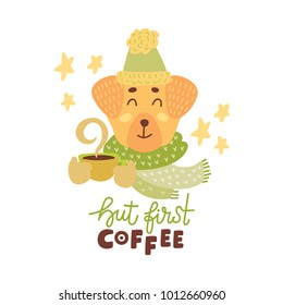 Cute animal with coffee mug vector colorful illustration. Lovely dog in hat and scarf with coffee hot drink cup. Sweet cartoon character with hand drawn lettering for stickers and prints