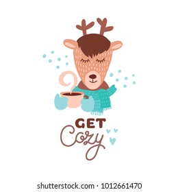 Cute animal with coffee mug vector colorful illustration. Lovely deer in scarf with coffee hot drink cup. Sweet cartoon character with hand drawn lettering for stickers and prints