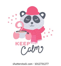 Cute animal with coffee mug vector colorful illustration. Lovely panda bear in hat and scarf with hot drink cup. Sweet cartoon character with hand drawn lettering for stickers and prints