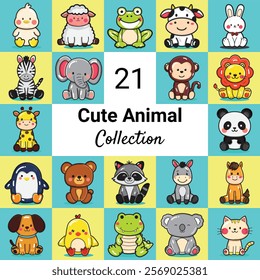 Cute Animal Collection Set, Duck, Sheep, Frog, Cow, Rabbit, Zebra, Elephant, Monkey, Lion, Giraffe, Panda, Penguin, Bear, Racoon, Donkey, Horse, Dog, Chicken, Crocodile, Koala, Cat