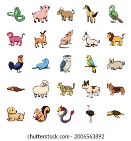 Cute animal color cartoon icon set