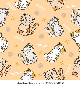 cute animal colorful white cats seamless pattern wallpaper with design orange background.