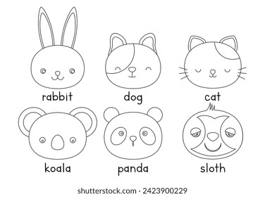 Cute animal coloring for kids. Educational page for preschool and kindergarten. Fine motor skills. Rabbit, dog, cat, koala, panda, and sloth clipart