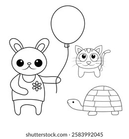 Cute Animal Coloring Page Bunny with Balloon Kitten and Turtle