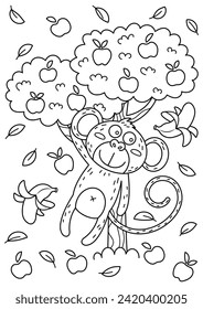 Cute animal coloring page for kids and adults. Coloring page for relaxation and mindfulness practice. Cute monkey and apple tree coloring book.
