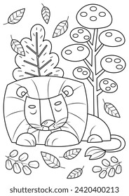 Cute animal coloring page for kids and adults. Coloring page for relaxation and mindfulness practice. Sleeping lion coloring book.
