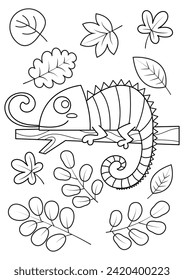 Cute animal coloring page for kids and adults. Coloring page for relaxation and mindfulness practice. Iguana in jungle coloring book.
