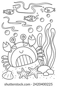 Cute animal coloring page for kids and adults. Coloring page for relaxation and mindfulness practice. Crab under the sea coloring book. Crab and aquatic animals coloring book.

