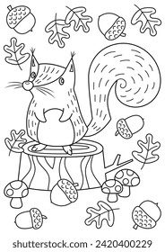 Cute animal coloring page for kids and adults. Coloring page for relaxation and mindfulness practice. Squirrel and acorns coloring book.
