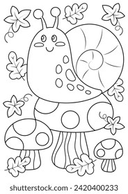 Cute animal coloring page for kids and adults. Coloring page for relaxation and mindfulness practice. Snail on mushroom coloring book.
