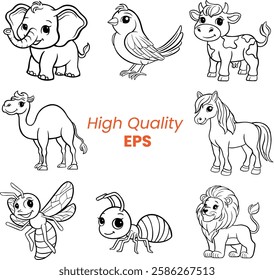 Cute Animal Coloring Pages - High Quality EPS Line Art for Kids - Elephant Bird Cow Camel Bee Ant Lion - Vector - Black and White