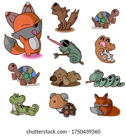 Cute animal comics vector on white background concept, turtle, dog, fox, wolf, crocodile and chameleon in cute form flash design and illustrator.