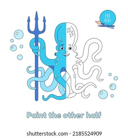 The cute animal concept for children, cartoon style. Coloring page for children and adults. Cute blue octopus with a trident. Paint the other half. Vector illustration.