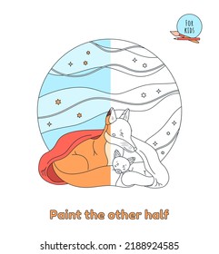 Cute animal concept for children, cartoon style. Coloring page for children and adults. The cute fox and her little fox are sleeping under a red blanket. Paint the other half. Vector illustration.