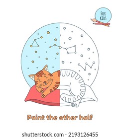 Cute animal concept for children, cartoon style. Coloring page for children and adults. Cute kitten sleeping on a soft pillow. Paint the other half. Vector illustration.