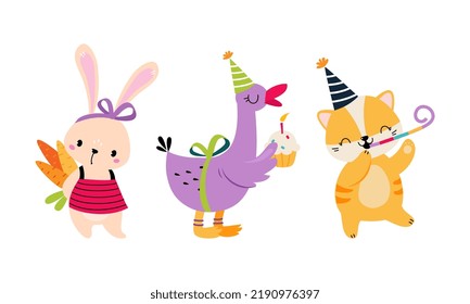 Cute Animal Congratulating with Birthday Holiday with Cupcake and Blowing Whistle Vector Set