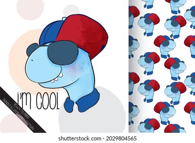 Cute animal cool baby dino seamless pattern: can be used for cards, invitations, baby shower, posters; with white isolated background
