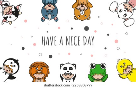 Cute animal costume doodle banner background wallpaper icon cartoon illustration design isolated flat cartoon style