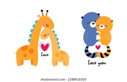 Cute Animal Couple Cuddling with Heart as Valentine Day Celebration Vector Set