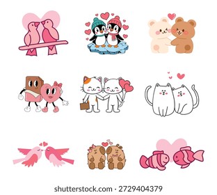 Cute animal couple set. Vector loving birds penguins and cats for Valentine's Day sticker decoration isolated on white