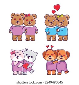 Cute of Animal Couple Valentine's Day. Couple Bear, Couple Cats and Couple Dogs