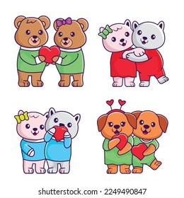 Cute of Animal Couple Valentine's Day. Couple Bear, Couple Cats and Couple Dogs