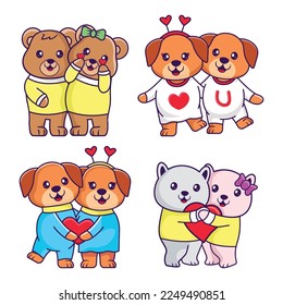 Cute of Animal Couple Valentine's Day. Couple Bear, Couple Cats and Couple Dogs