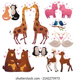 Cute animal couples set, cartoon flat vector illustration isolated on white background. Collection of romantic characters kissing and hugging. Giraffe, cat, pig, bear and swan. Valentines day concept.