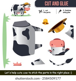 Cute animal cow cut and glue worksheet for kids. Fun educational activity.
