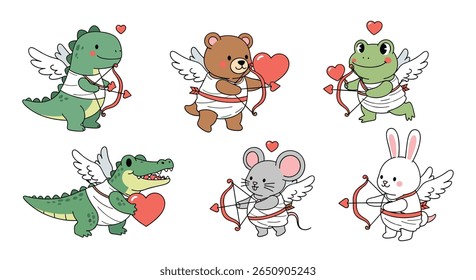 Ilustrações bonitas de cupido animal com corações e setas para comemorações do dia dos namorados