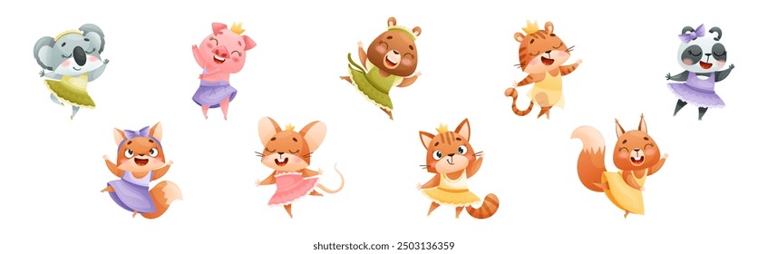 Lindo Animal Dancing Ballet con falda de tutú Conjunto de Vector