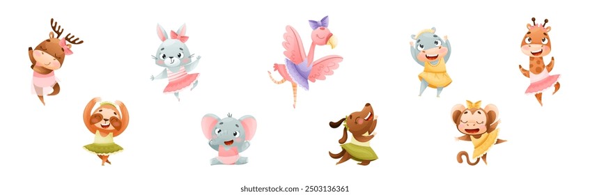 Cute Animal Dancing Ballet Wearing Tutu Skirt Vector Set