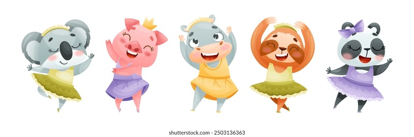 Cute Animal Dancing Ballet Wearing Tutu Skirt Vector Set