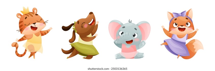 Cute Animal Dancing Ballet Wearing Tutu Skirt Vector Set