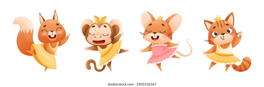 Cute Animal Dancing Ballet Wearing Tutu Skirt Vector Set