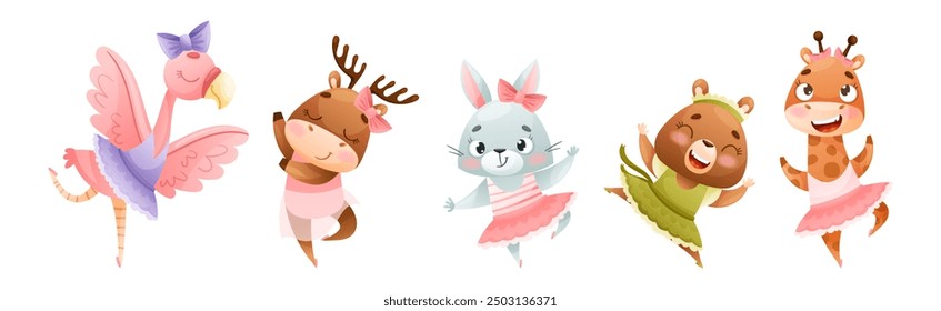 Cute Animal Dancing Ballet Wearing Tutu Skirt Vector Set