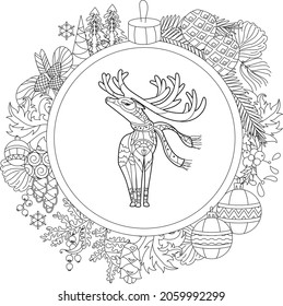 Cute animal deer in Christmas ball. Doodle style, black and white background. Funny animal, coloring book pages. Hand drawn illustration in zentangle style for children and adults, tattoo.