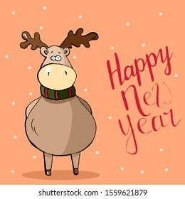 Cute animal deer or elk with scarf wishes happy new year, lettering, cartoon hand drawn vector illustration. Can be used for t-shirt print, kids wear fashion design, baby shower invitation card