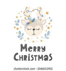 Cute animal deer in scandinavian style with lettering - merry christmas. Vector hand-drawn colored children's simple. Cartoon animal.