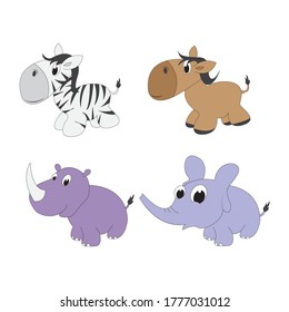 Cute animal design illustration of elephant, zebra, horse and rhino cartoon