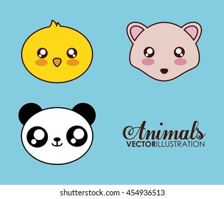 Cute animal design represented by kawaii hedgehog, chicken and panda icon. Colorfull and flat illustration. 