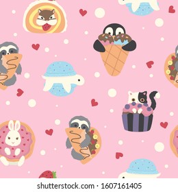 Cute animal with desserts seamless pattern