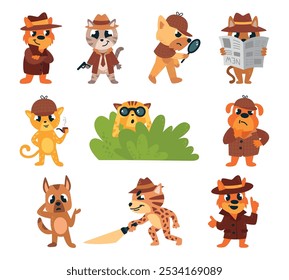 Cute animal detectives characters. Dogs cats with binoculars and magnifying glass. Crime investigation, looking around, hide behind newspaper classy vector set