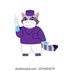 Cute animal doctor holds syringe with remedy. Anthropomorphic raccoon pediatrician does injection. Pediatric doc, medic in mask cares about kids' health. Flat isolated vector illustration on white