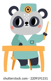 Cute animal doctor. Medical character with different tools. Panda in uniform. Bear sitting at table. Hospital worker. Medicine and health care. Physician treatment